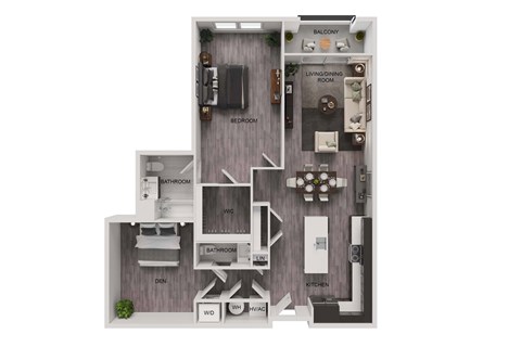 Floor plan for 1 bed, 1.5 baths, 1118 sqft